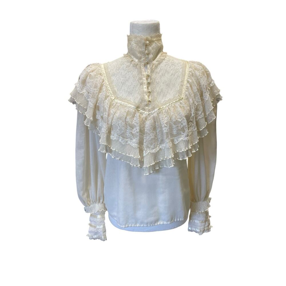 VTG 70’s Jessica’s Gunnies Gunne Sax Blouse Cream Ruffle Lace High Neck Small